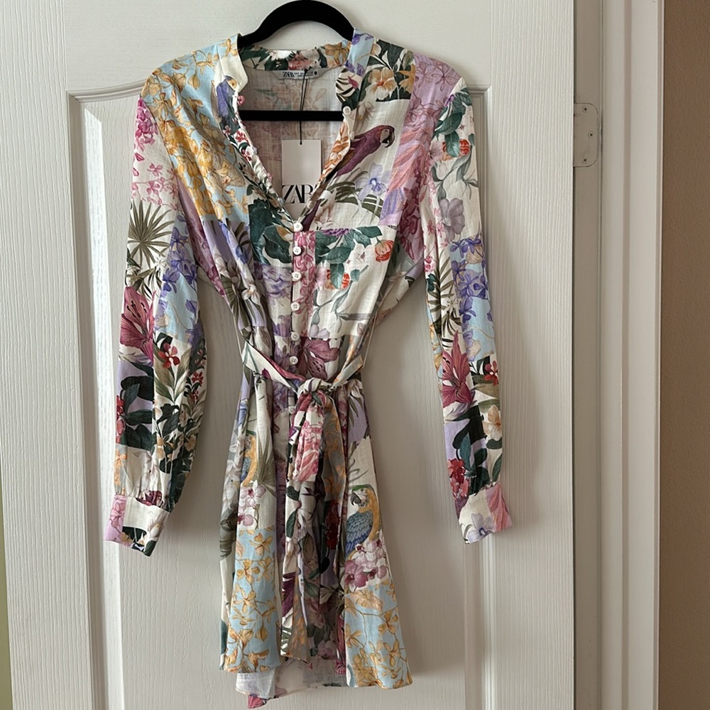 Zara Floral Print Parrot Dress NWT